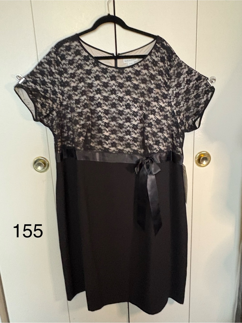 Jessica London Black Lace-Overlay Midi Dress with Satin Waist Tie